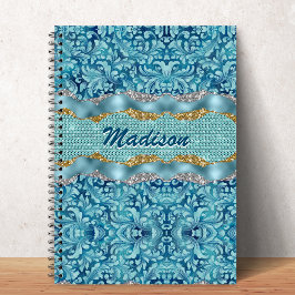 Caderno Espiral Monograma azul-turquesa dourado glitter floral chi