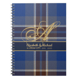 Caderno Espiral Monograma Azul Xadrez Casamento Recém-Casados Tart
