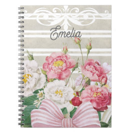 Caderno Espiral Monograma belo floral Listras empoeiradas Cinza ro
