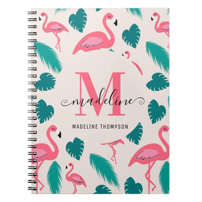 Caderno Espiral Monograma Bonito Folhas Tropicais Flamingo Rosa Ne (Frente)