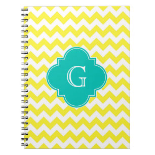 Caderno Espiral Monograma branco amarelo de Quatrefoil da cerceta
