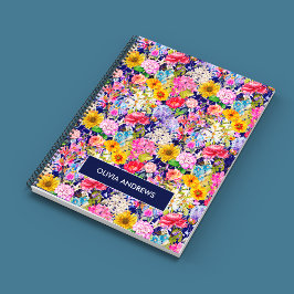 Caderno Espiral Monograma branco amarelo elegante Padrão floral