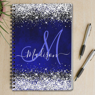 Caderno Espiral Monograma branco azul-prateado azul brilhante