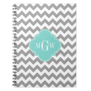 Caderno Espiral Monograma branco cinzento de Quatrefoil 3 do Aqua