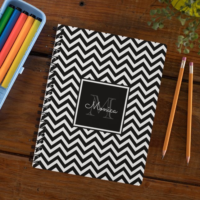Caderno Espiral Monograma branco e preto elegante (Criador carregado)