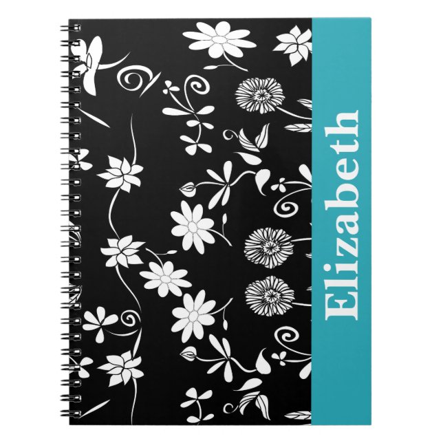 Caderno Espiral Monograma Branco Floral Preto Personalizado Chevro (Frente)