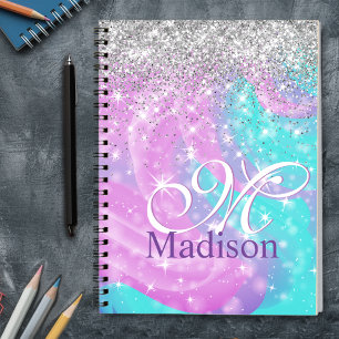 Caderno Espiral Monograma branco iridescente de monograma de prata