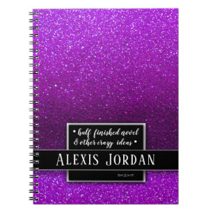 Caderno Espiral Monograma branco preto de brilho roxo