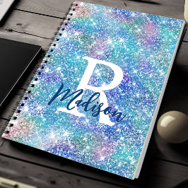 Caderno Espiral Monograma brilhante azul rosa de unicórnio iridesc