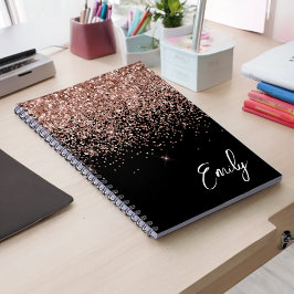 Caderno Espiral Monograma Brilhante preto-Rosa Dourado, cor-de-ros