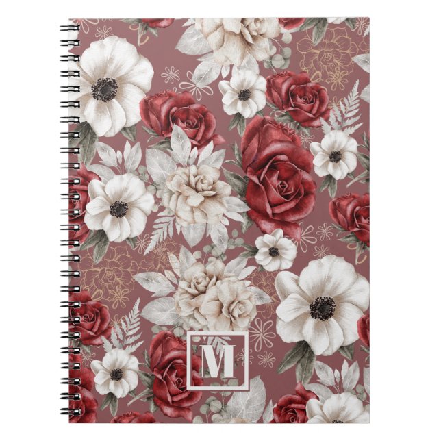Caderno Espiral Monograma Burgundy Rosa Pink Padrão Floral (Frente)