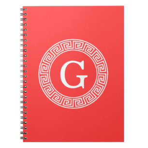 Caderno Espiral Monograma chave grego branco vermelho coral da