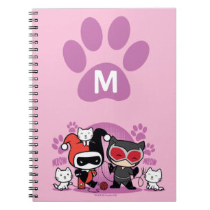 Caderno Espiral Monograma Chibi Harley Quinn e Mulher Gato