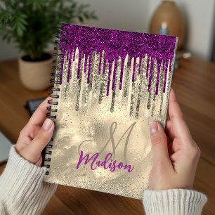 Caderno Espiral Monograma chique com gotas de dourado e rosa quent