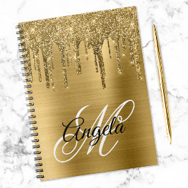 Caderno Espiral Monograma Chique com Gotejamento de Brilho em Folh