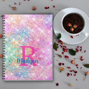 Caderno Espiral Monograma cintilante branco iridescente, cor-de-ro