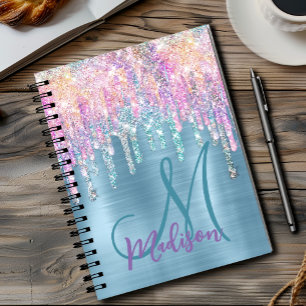 Caderno Espiral Monograma cintilante de unicórnio aqua rosa-chic