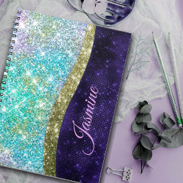 Caderno Espiral Monograma cintilante falso azul roxo iridescente c