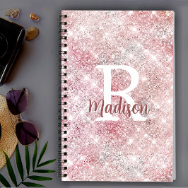 Caderno Espiral Monograma cintilante rosa de ouro iridescente e bo