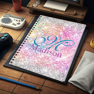 Caderno Espiral Monograma cintilante verde-prateado, iridescente,