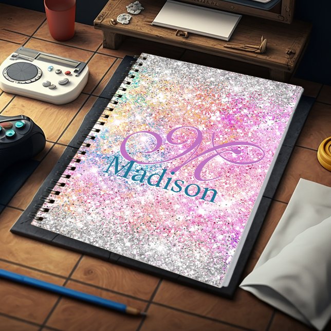 Caderno Espiral Monograma cintilante verde-prateado, iridescente,  (Criador carregado)