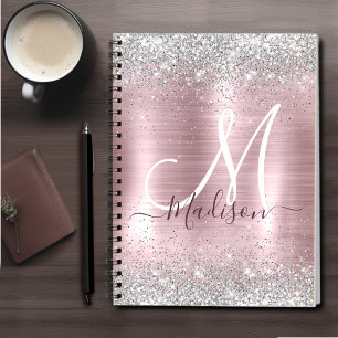 Caderno Espiral Monograma cinzento de cintilação prateada com rosa