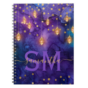 Caderno Espiral Monograma com Lanterna de Brilho Roxo e Azul
