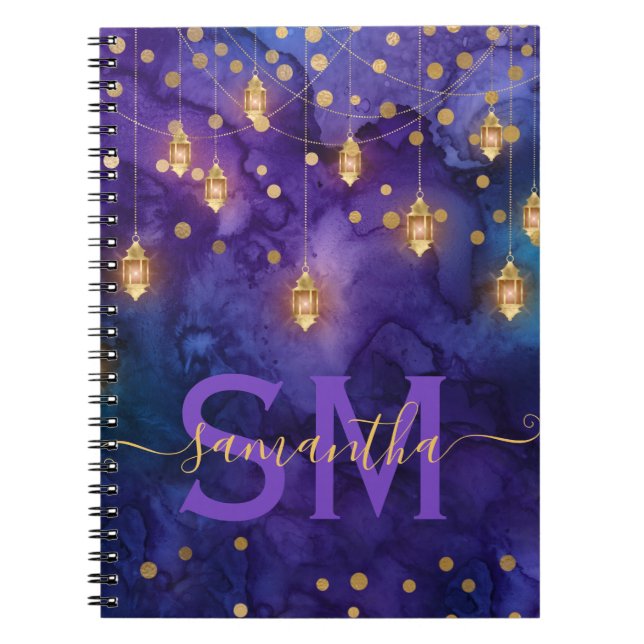 Caderno Espiral Monograma com Lanterna de Brilho Roxo e Azul (Frente)