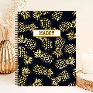 Caderno Espiral Monograma com padrão de abacaxi dourado azul naval