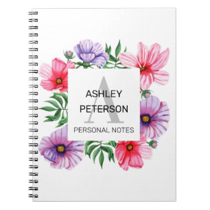 Caderno Espiral Monograma cor-de-rosa, floral, giro, fofo, persona