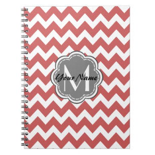 Caderno Espiral Monograma da Cinza Floral do Chevron Vermelho Indi