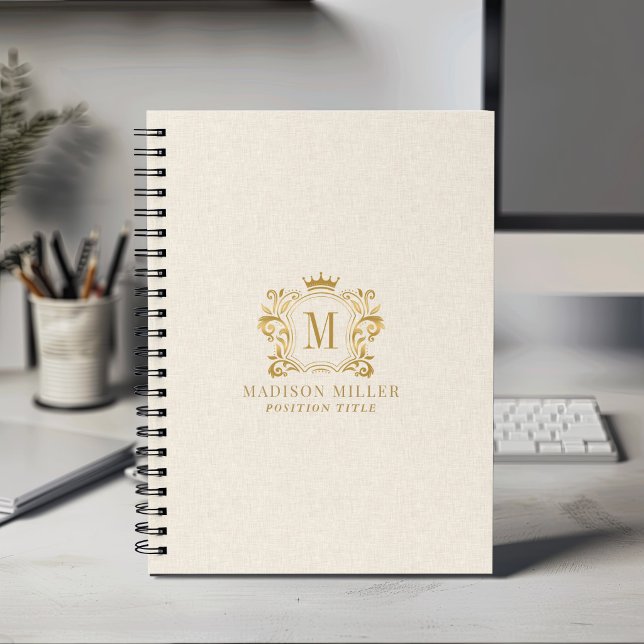 Caderno Espiral Monograma da Coroa Crest Real Ouro em Linho Bege (Criador carregado)