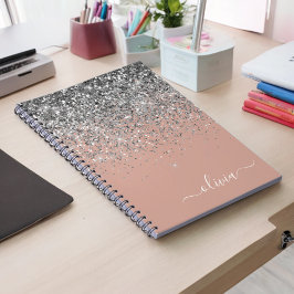 Caderno Espiral Monograma da rosa Dourada Laser Linear de Prata Ro