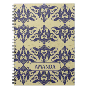 Caderno Espiral Monograma Damasco Amarelo Azul Naval Vintage
