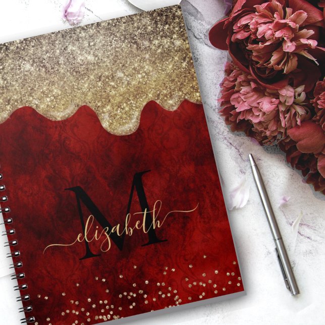 Caderno Espiral Monograma das gotas de ouro vermelho-chic (Criador carregado)