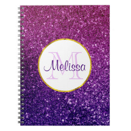 Caderno Espiral Monograma das pedras brilhantes cor-de-rosa e púrp