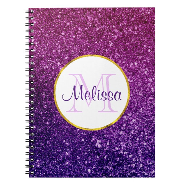 Caderno Espiral Monograma das pedras brilhantes cor-de-rosa e púrp (Frente)