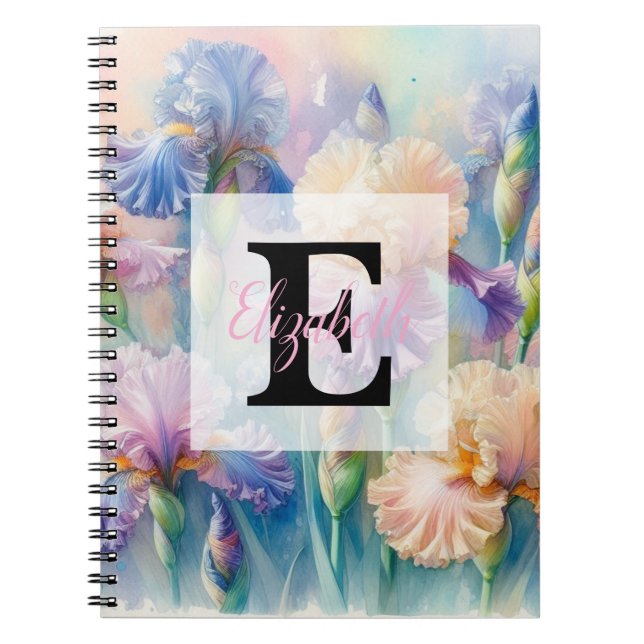 Caderno Espiral Monograma de aguarela floral com flores de íris ro (Frente)