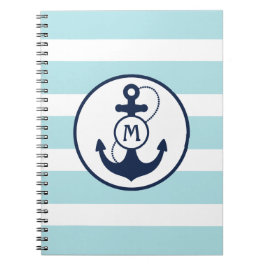 Caderno Espiral Monograma de Âncora Náutica Azul Claro