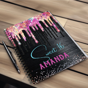 Caderno Espiral Monograma de aniversário brilhante preto de unicór