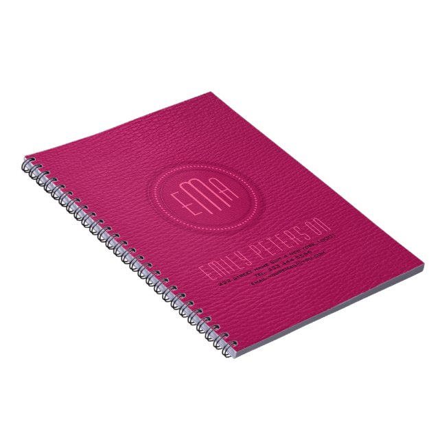 Caderno Espiral Monograma de aparência do couro verde rosa (Lado Direito)