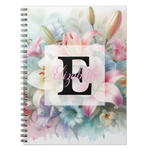 Caderno Espiral Monograma de aquarela floral com lírios rosa flore