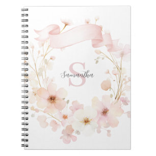Caderno Espiral Monograma de Aquarela Floral Rosa