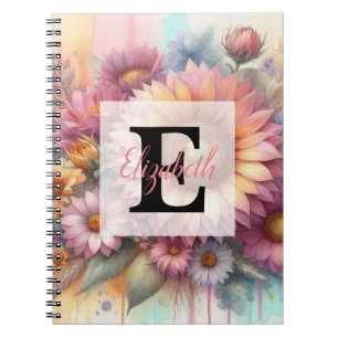 Caderno Espiral Monograma de aquarela floral rosa amarelo girassol