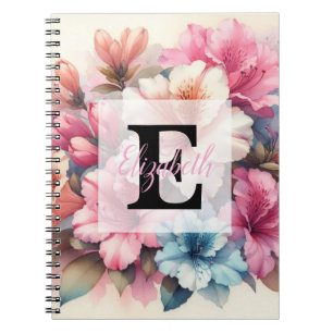 Caderno Espiral Monograma de aquarela floral rosa azul azáleas