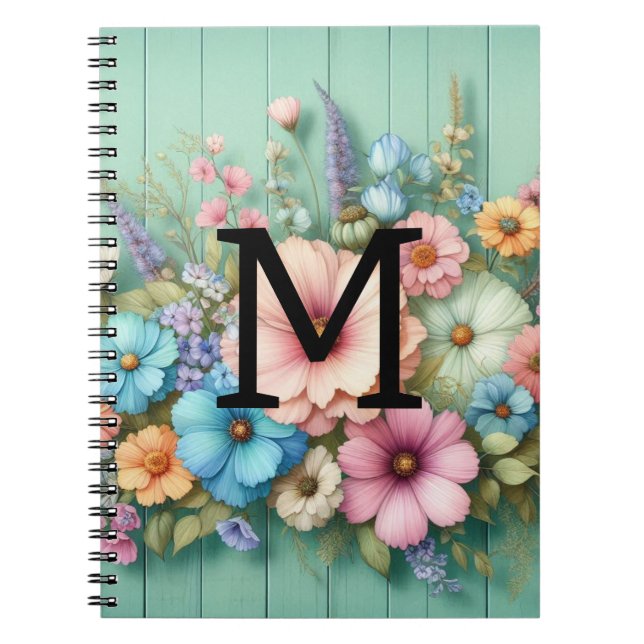 Caderno Espiral Monograma de aquarela pastéis flores em madeira az (Frente)