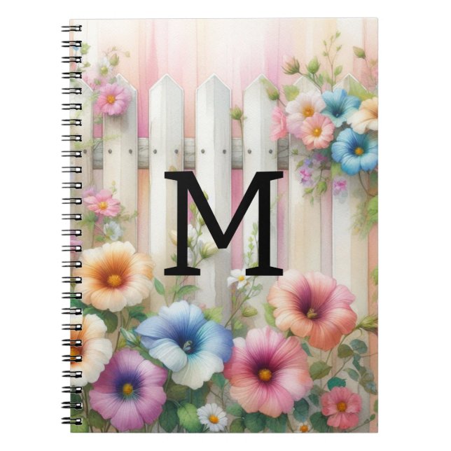 Caderno Espiral Monograma de aquarela pastéis flores em madeira br (Frente)