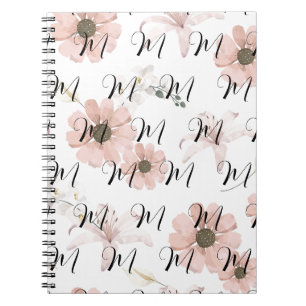 Caderno Espiral Monograma de Arte de Flores Rosa em Aquarela