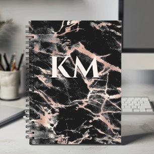 Caderno Espiral Monograma de arte em mármore preto elegante rosa d