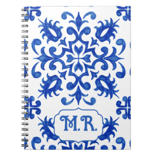 Caderno Espiral Monograma de Azulejo Azul Português